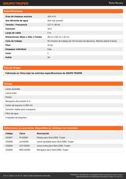Hidrolavadora eléctrica 2000 PSI, Truper