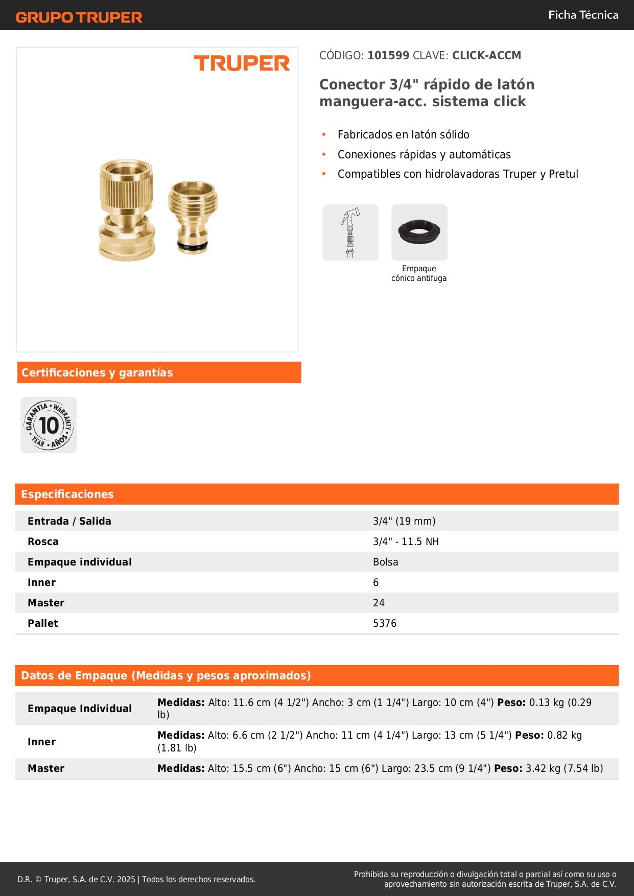 Conector 3/4" rápido de latón manguera-acc. sistema click