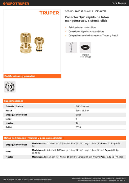 Conector 3/4" rápido de latón manguera-acc. sistema click