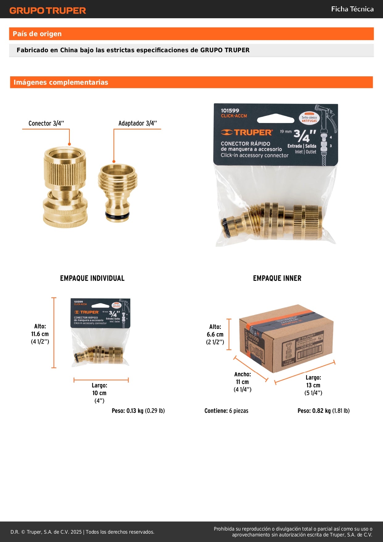 Conector 3/4" rápido de latón manguera-acc. sistema click