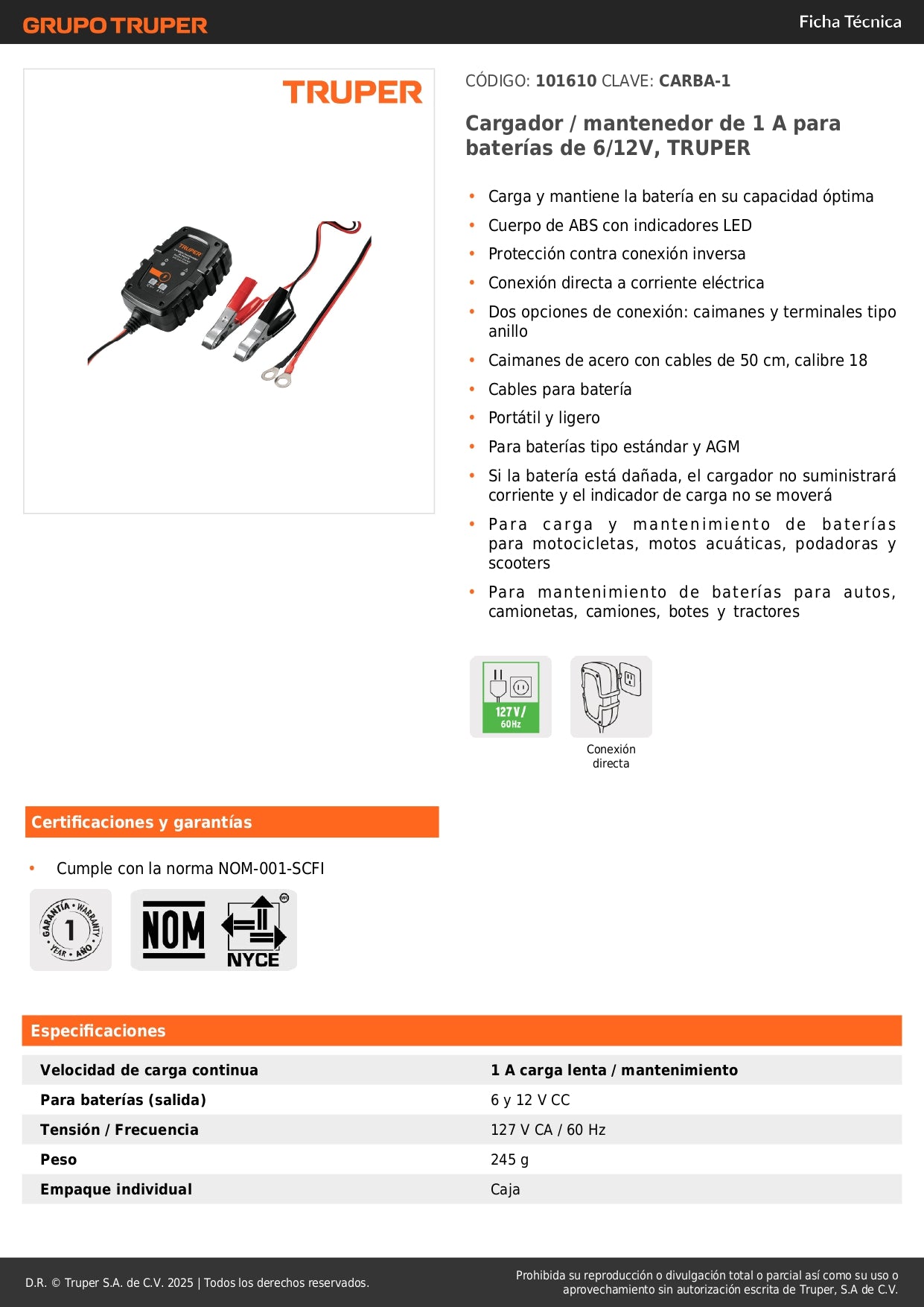 Cargador Mantenedor Baterías 6V/12V 1A TRUPER CARBA-1 - Solución Completa para Motos, Autos y Equipos