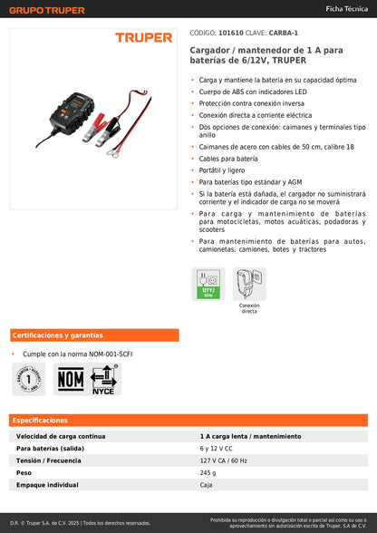 Cargador Mantenedor Baterías 6V/12V 1A TRUPER CARBA-1 - Solución Completa para Motos, Autos y Equipos