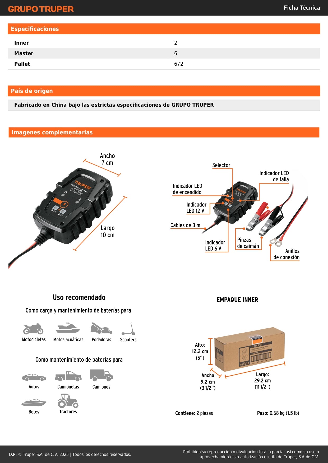 Cargador Mantenedor Baterías 6V/12V 1A TRUPER CARBA-1 - Solución Completa para Motos, Autos y Equipos