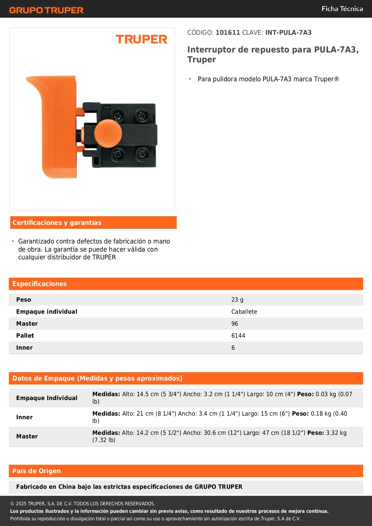Interruptor de repuesto para PULA-7A3, Truper