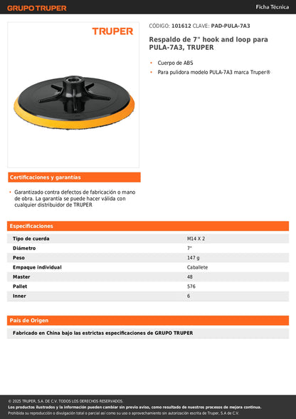 Respaldo de 7" hook and loop para PULA-7A3, TRUPER