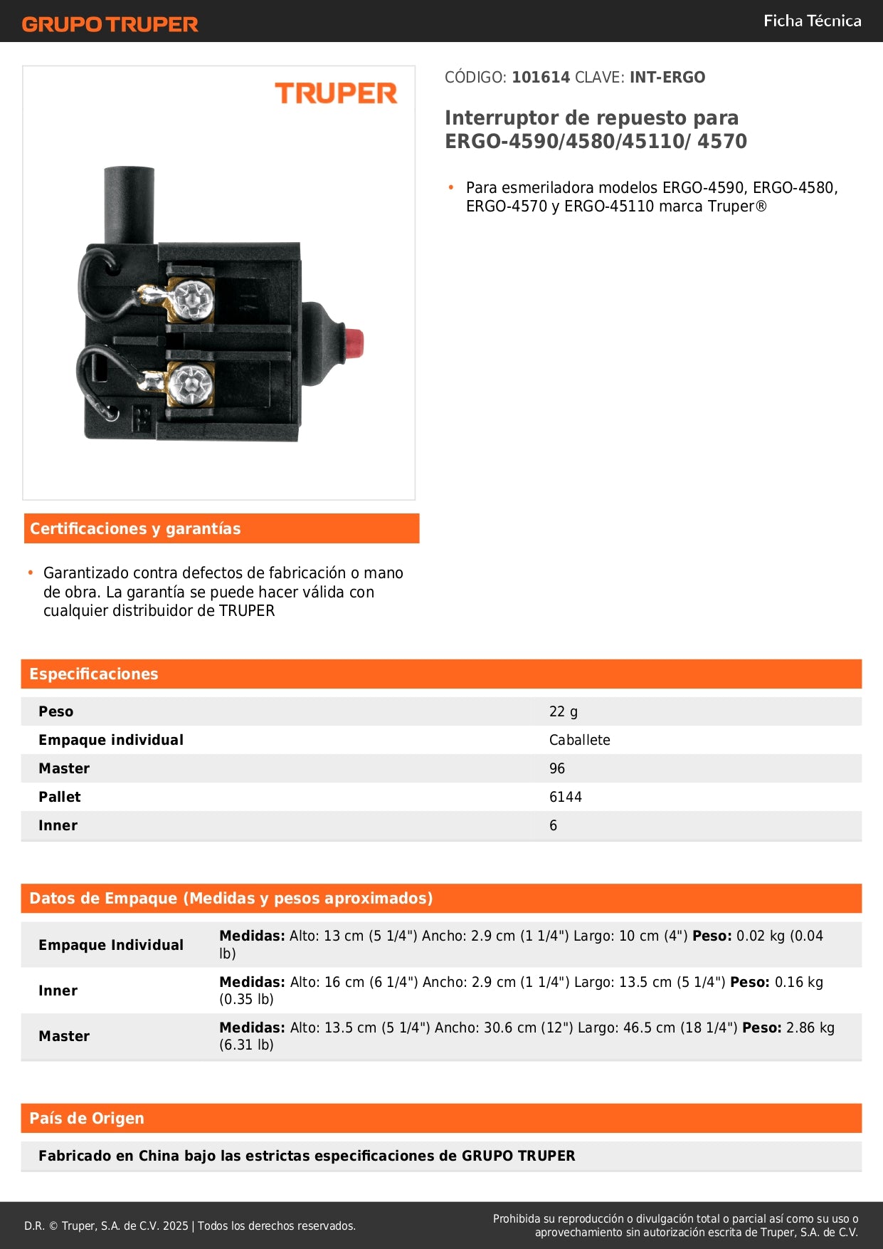 Interruptor de repuesto para ERGO-4590/4580/45110/ 4570