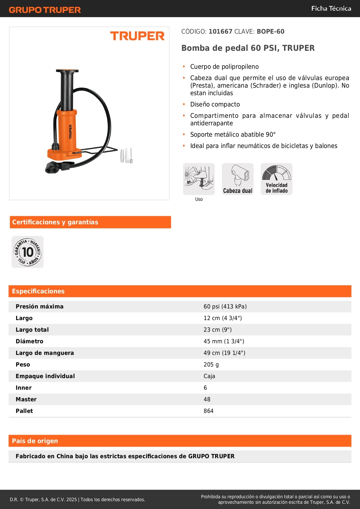Bomba de Pedal TRUPER 60 PSI - Inflador Universal para Bicicletas y Balones con Cabeza Dual y Soporte Abatible - Solución Compacta para Inflado Rápido y Preciso