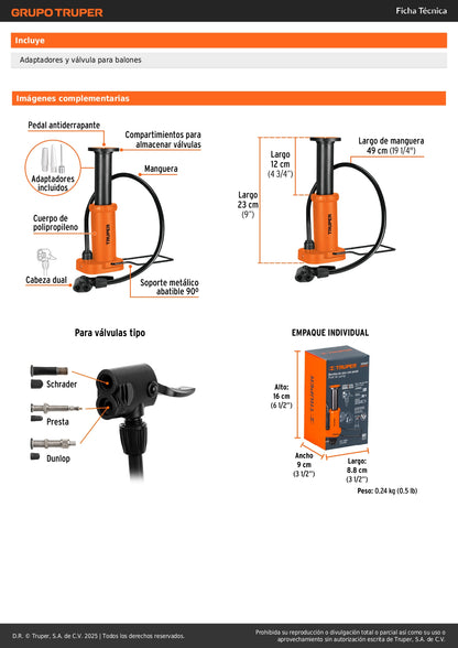 Bomba de Pedal TRUPER 60 PSI - Inflador Universal para Bicicletas y Balones con Cabeza Dual y Soporte Abatible - Solución Compacta para Inflado Rápido y Preciso