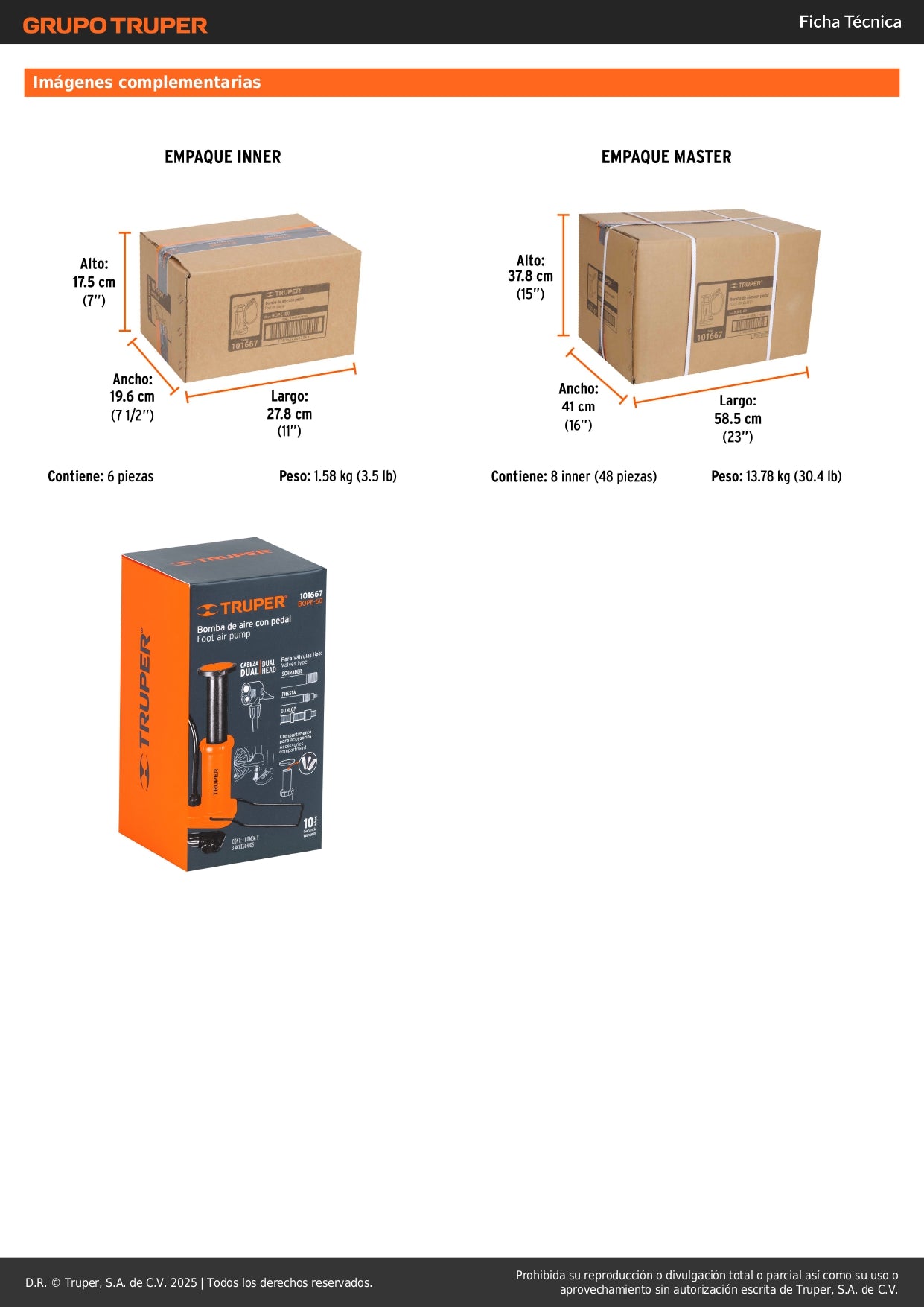 Bomba de Pedal TRUPER 60 PSI - Inflador Universal para Bicicletas y Balones con Cabeza Dual y Soporte Abatible - Solución Compacta para Inflado Rápido y Preciso