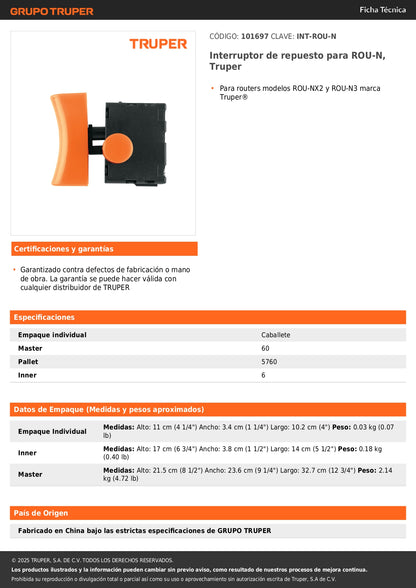 Interruptor de repuesto para ROU-N, Truper