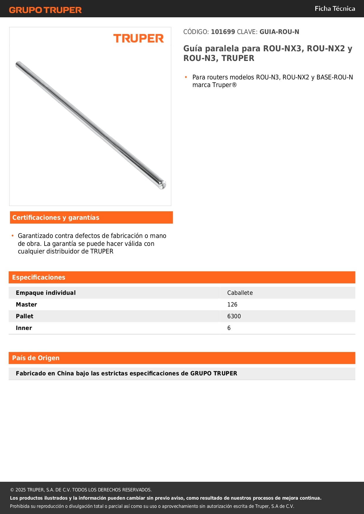 Guía paralela para ROU-NX3, ROU-NX2 y ROU-N3, TRUPER