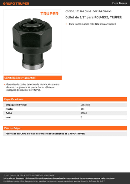Collet de 1/2" para ROU-NX2, TRUPER