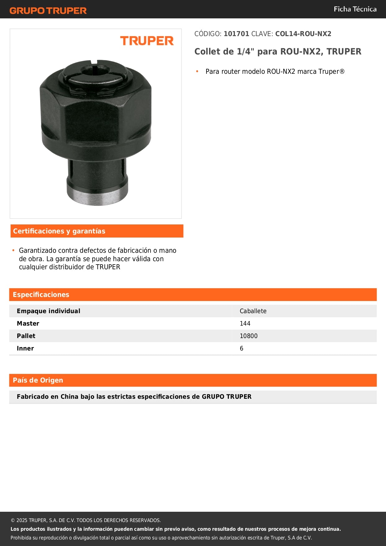 Collet de 1/4" para ROU-NX2, TRUPER
