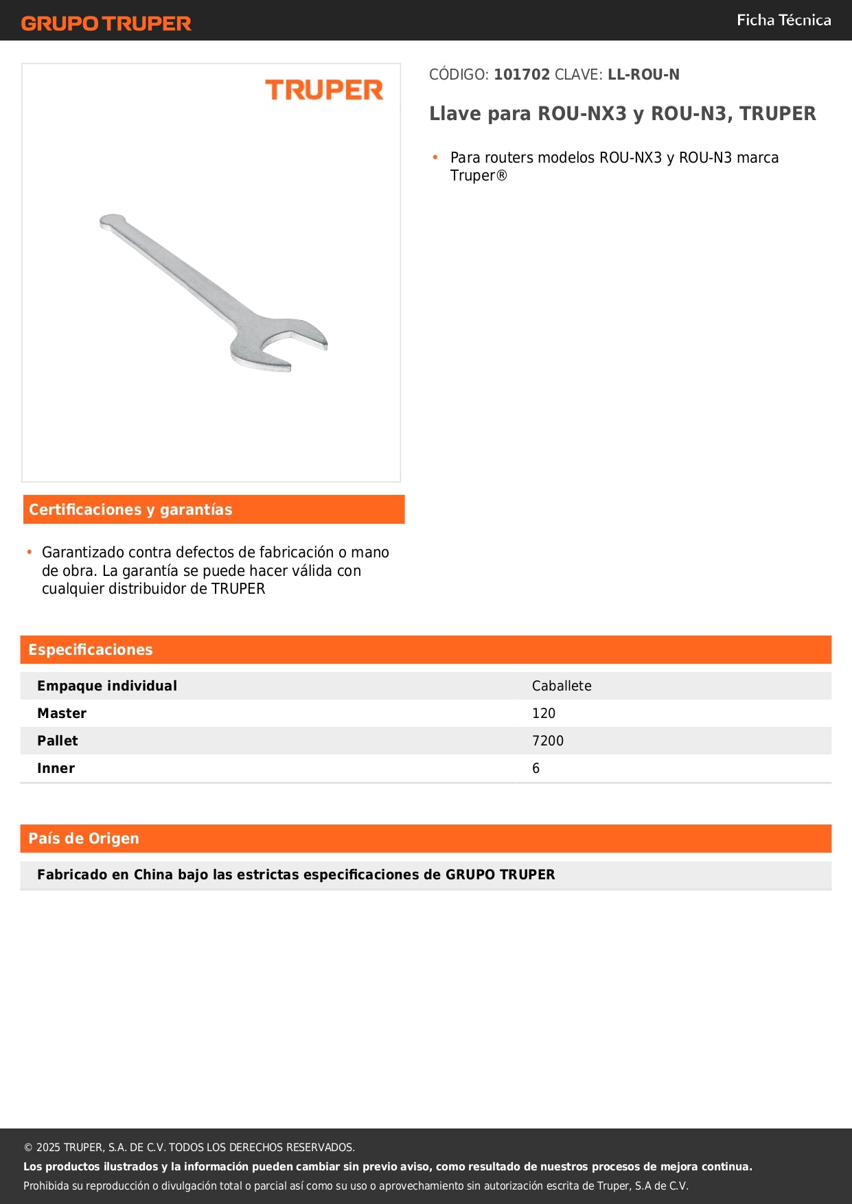 Llave para ROU-NX3 y ROU-N3, TRUPER