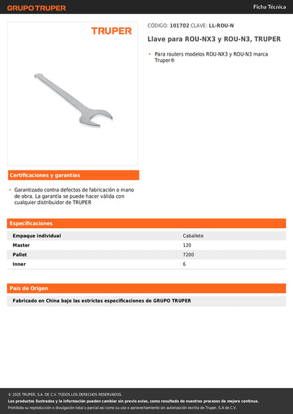 Llave para ROU-NX3 y ROU-N3, TRUPER