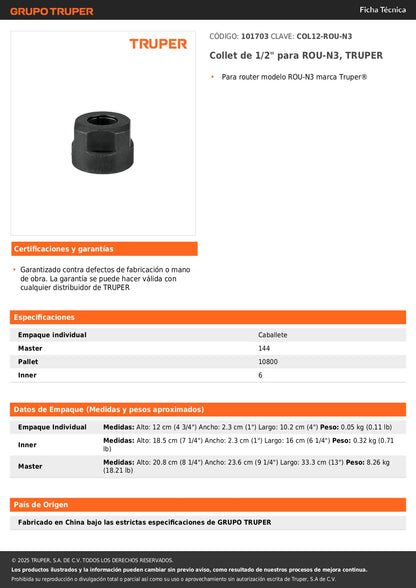 Collet de 1/2" para ROU-N3, TRUPER
