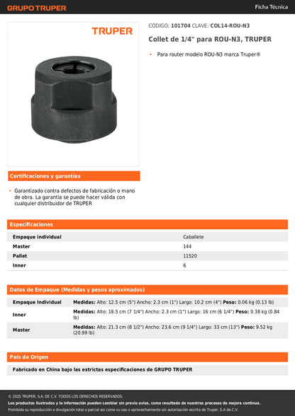 Collet de 1/4" para ROU-N3, TRUPER