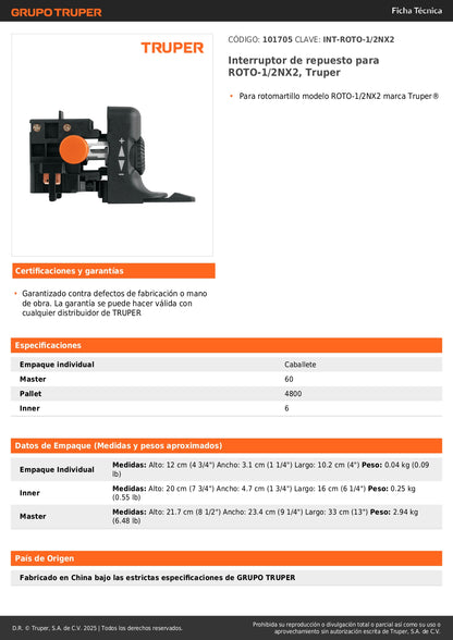 Interruptor de repuesto para ROTO-1/2NX2, Truper