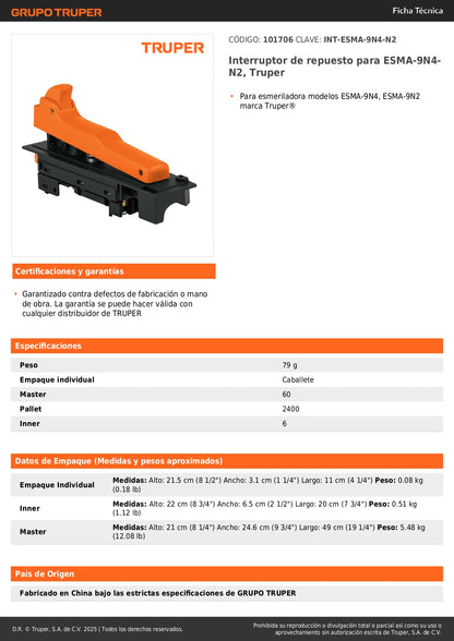 Interruptor de repuesto para ESMA-9N4- N2, Truper