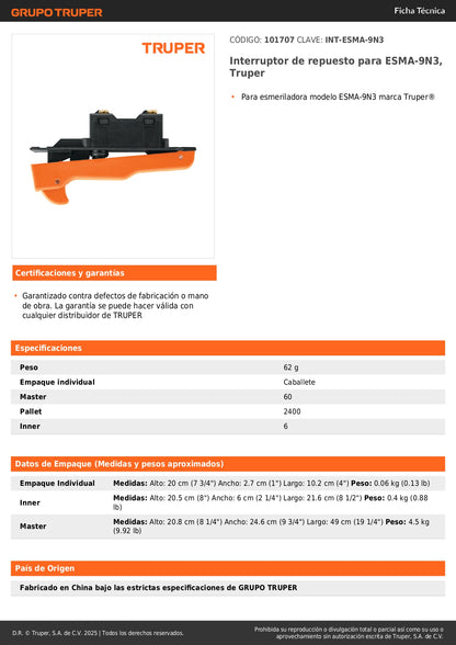 Interruptor de repuesto para ESMA-9N3, Truper