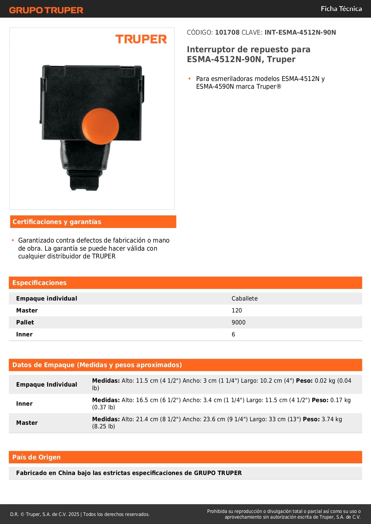 Interruptor de repuesto para ESMA-4512N-90N, Truper