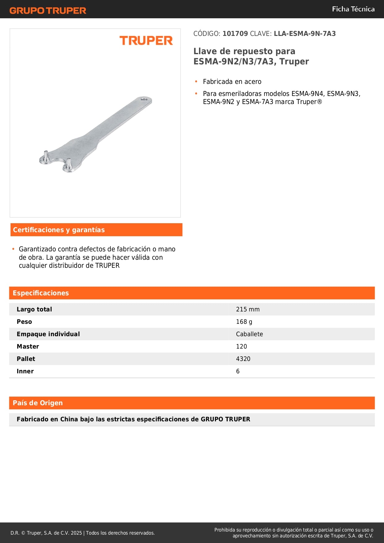 Llave de repuesto para ESMA-9N2/N3/7A3, Truper