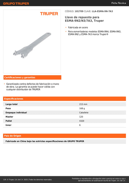 Llave de repuesto para ESMA-9N2/N3/7A3, Truper