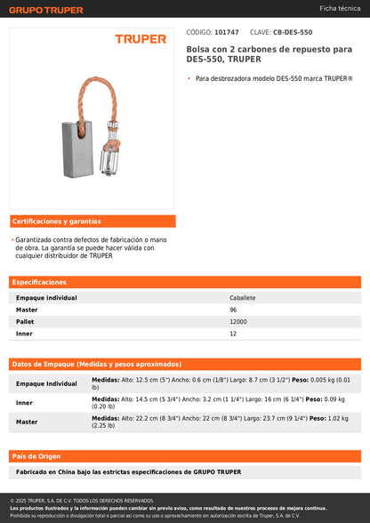 Bolsa con 2 carbones de repuesto para DES-550, TRUPER