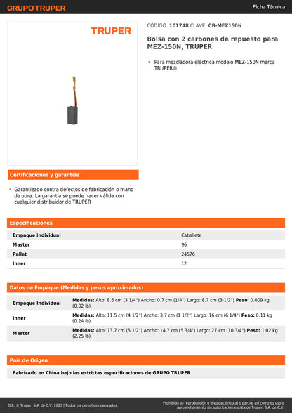 Bolsa con 2 carbones de repuesto para MEZ-150N, TRUPER