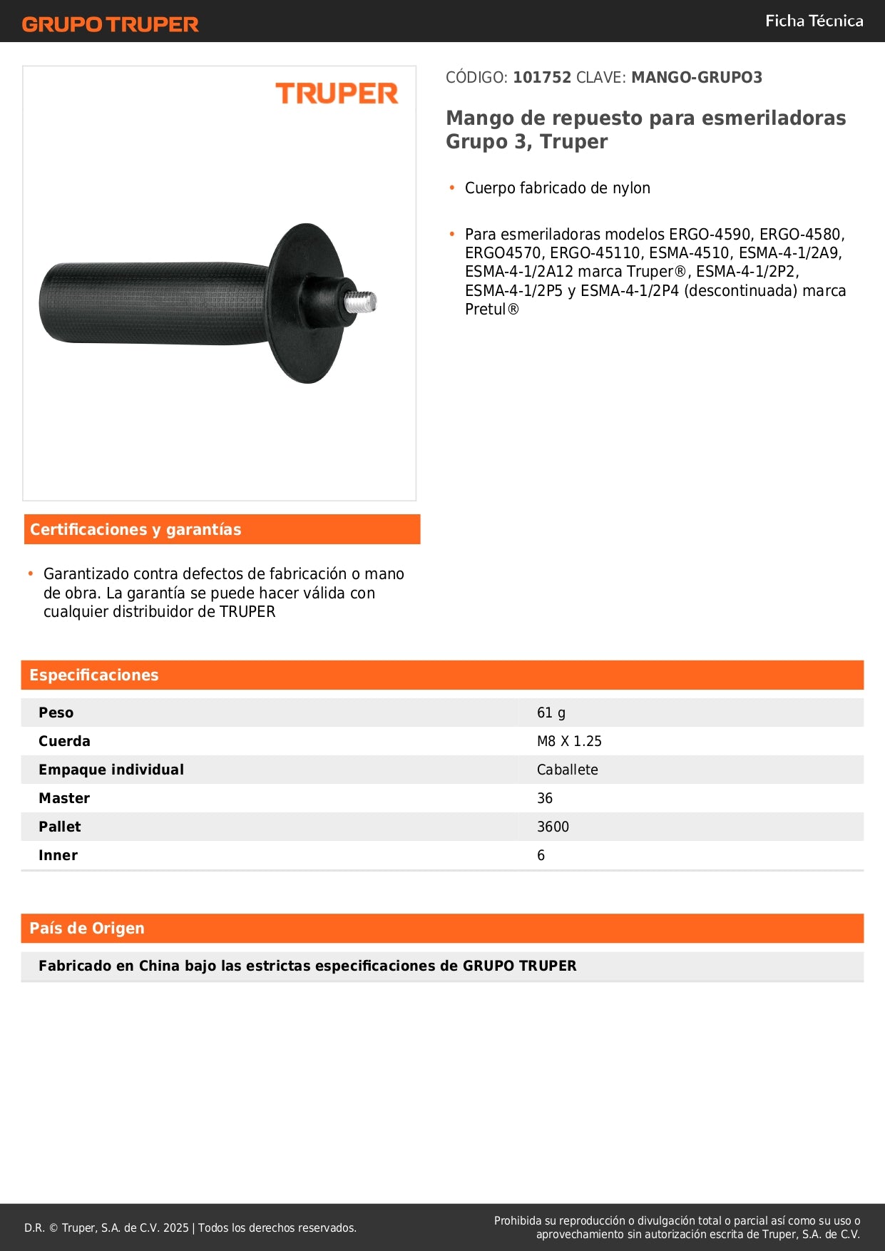 Mango de repuesto para esmeriladoras Grupo 3, Truper