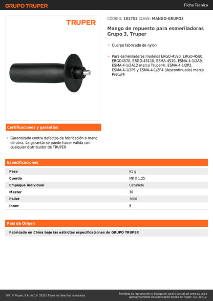 Mango de repuesto para esmeriladoras Grupo 3, Truper
