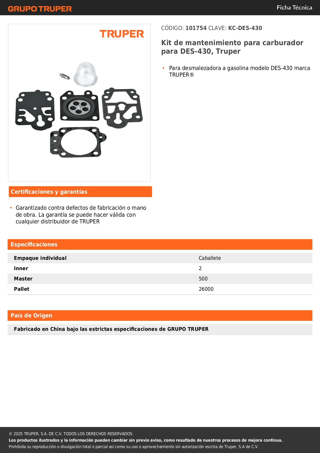 Kit de mantenimiento para carburador para DES-430, Truper