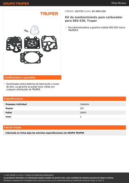 Kit de mantenimiento para carburador para DES-520, Truper