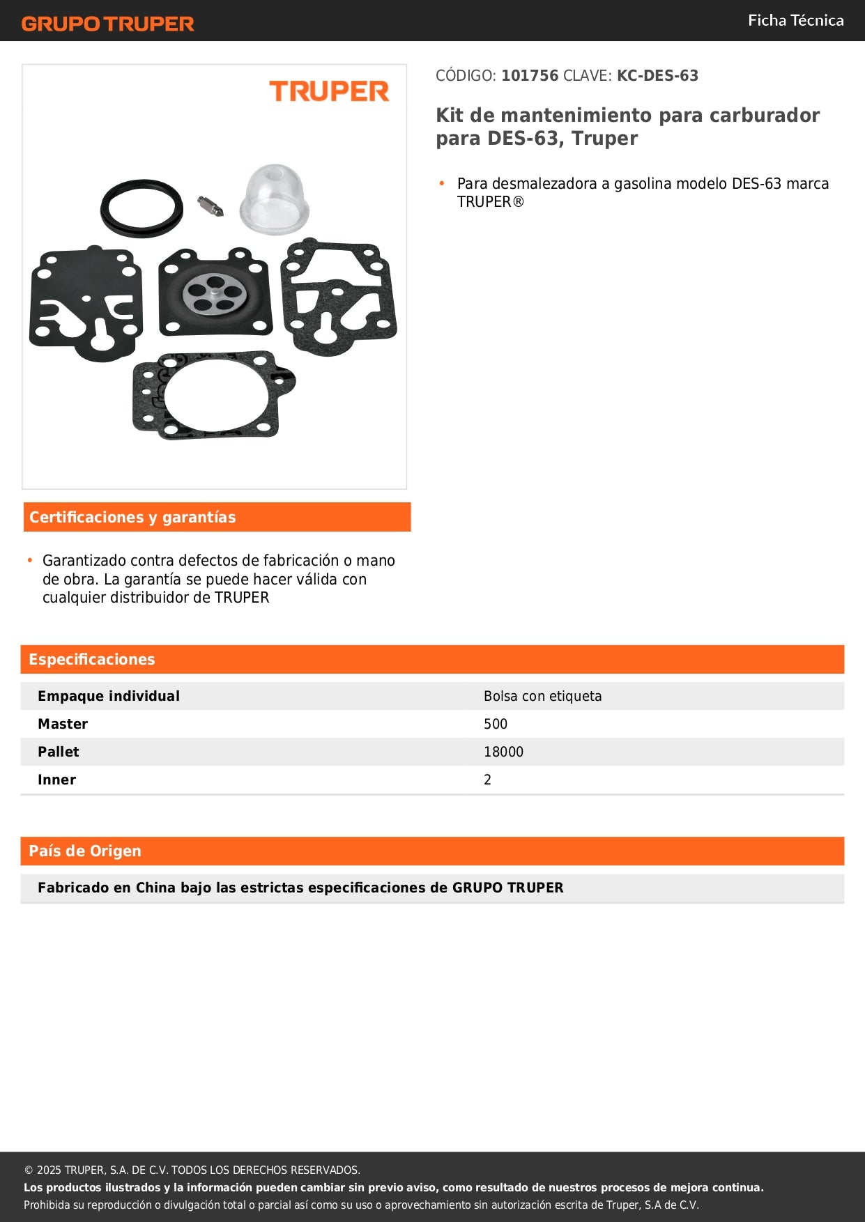 Kit de mantenimiento para carburador para DES-63, Truper