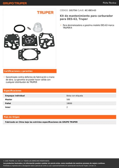 Kit de mantenimiento para carburador para DES-63, Truper