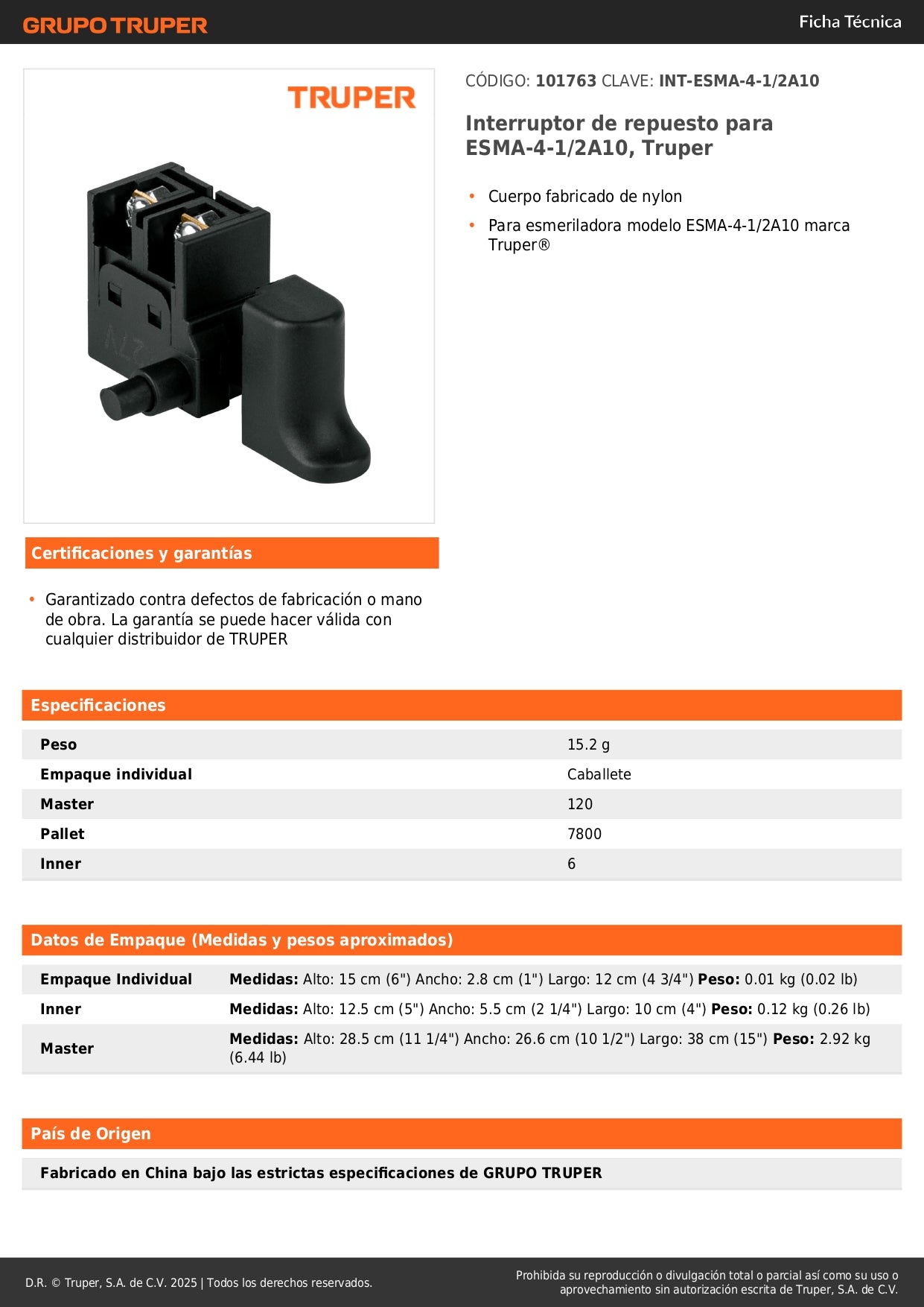 Interruptor de repuesto para ESMA-4-1/2A10, Truper