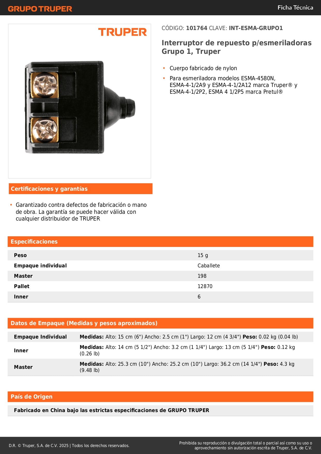 Interruptor de repuesto p/esmeriladoras Grupo 1, Truper