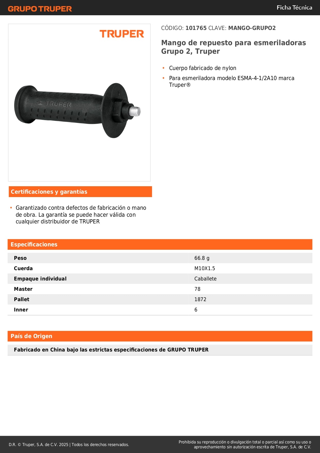 Mango de repuesto para esmeriladoras Grupo 2, Truper