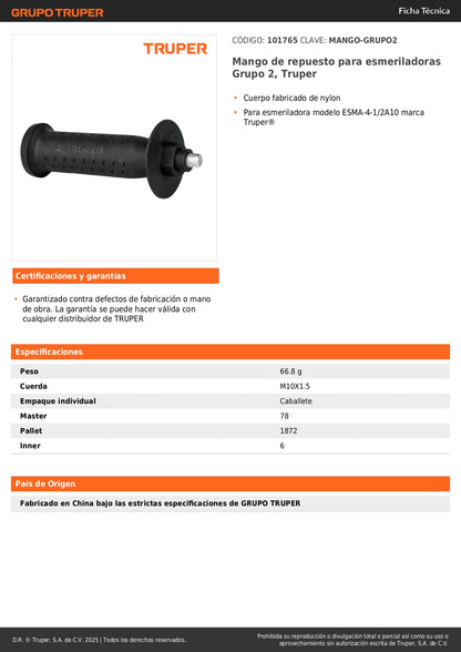 Mango de repuesto para esmeriladoras Grupo 2, Truper