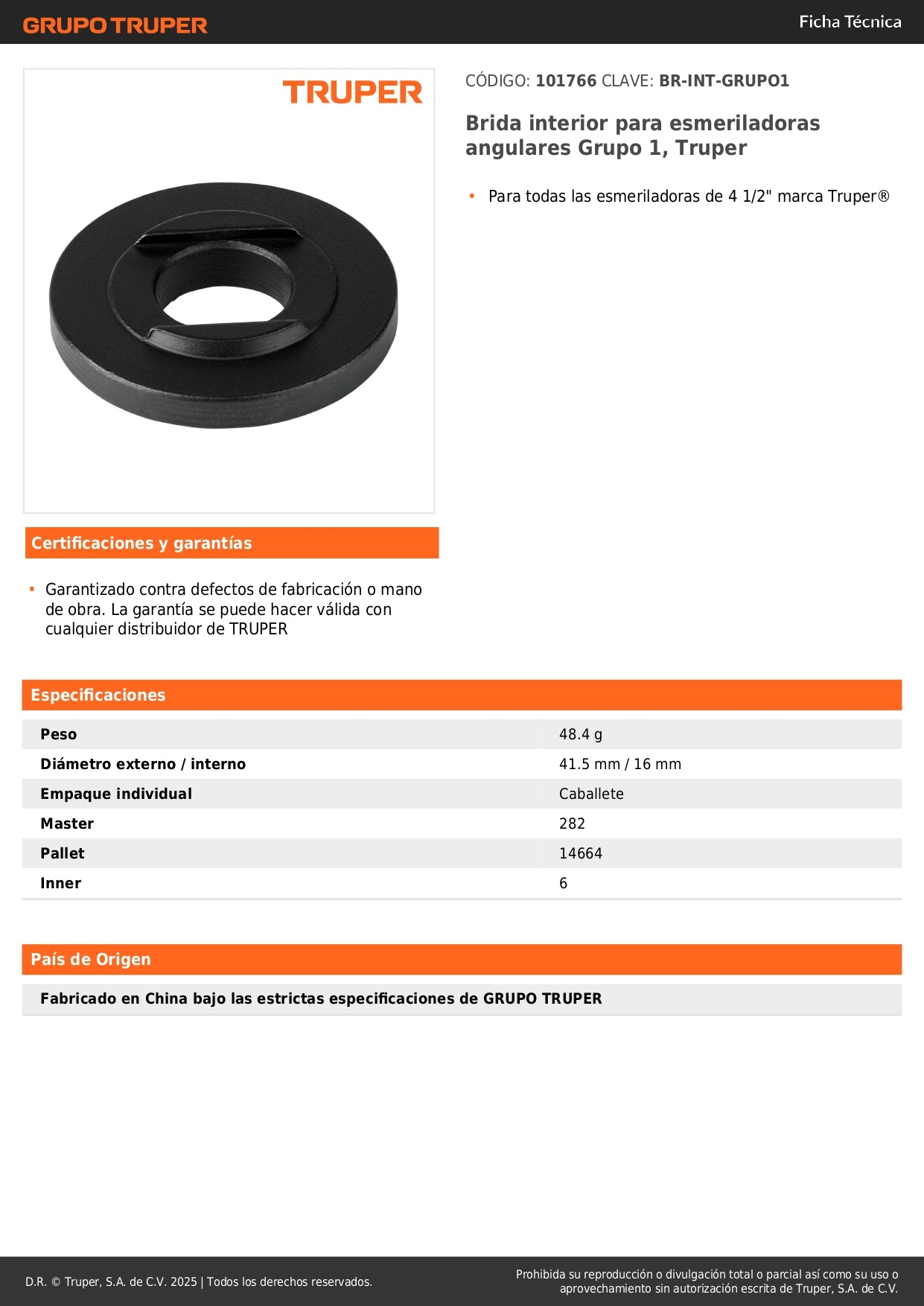 Brida interior para esmeriladoras angulares Grupo 1, Truper