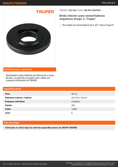 Brida interior para esmeriladoras angulares Grupo 1, Truper