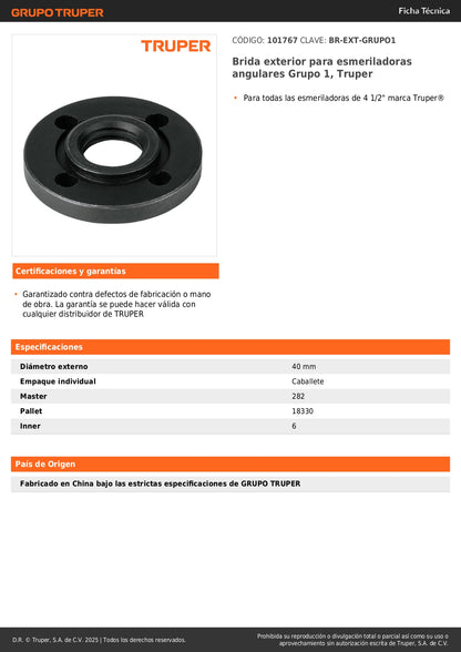 Brida exterior para esmeriladoras angulares Grupo 1, Truper