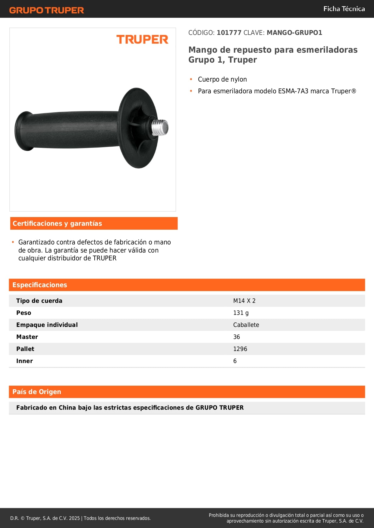 Mango de repuesto para esmeriladoras Grupo 1, Truper