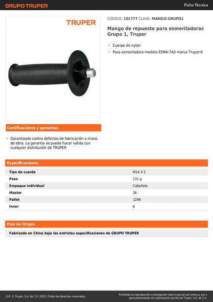 Mango de repuesto para esmeriladoras Grupo 1, Truper
