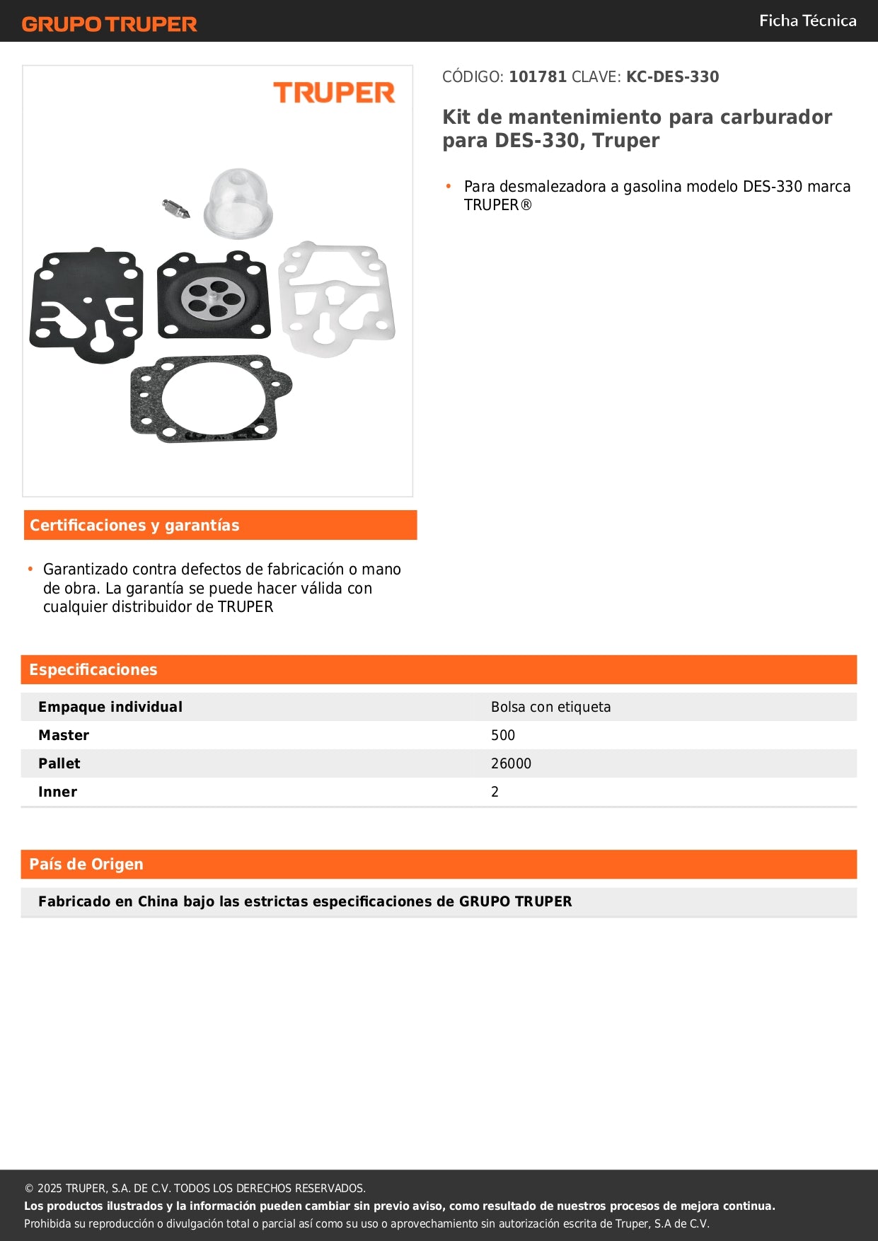 Kit de mantenimiento para carburador para DES-330, Truper