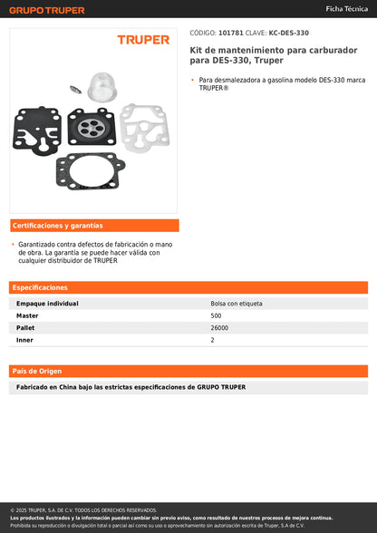 Kit de mantenimiento para carburador para DES-330, Truper