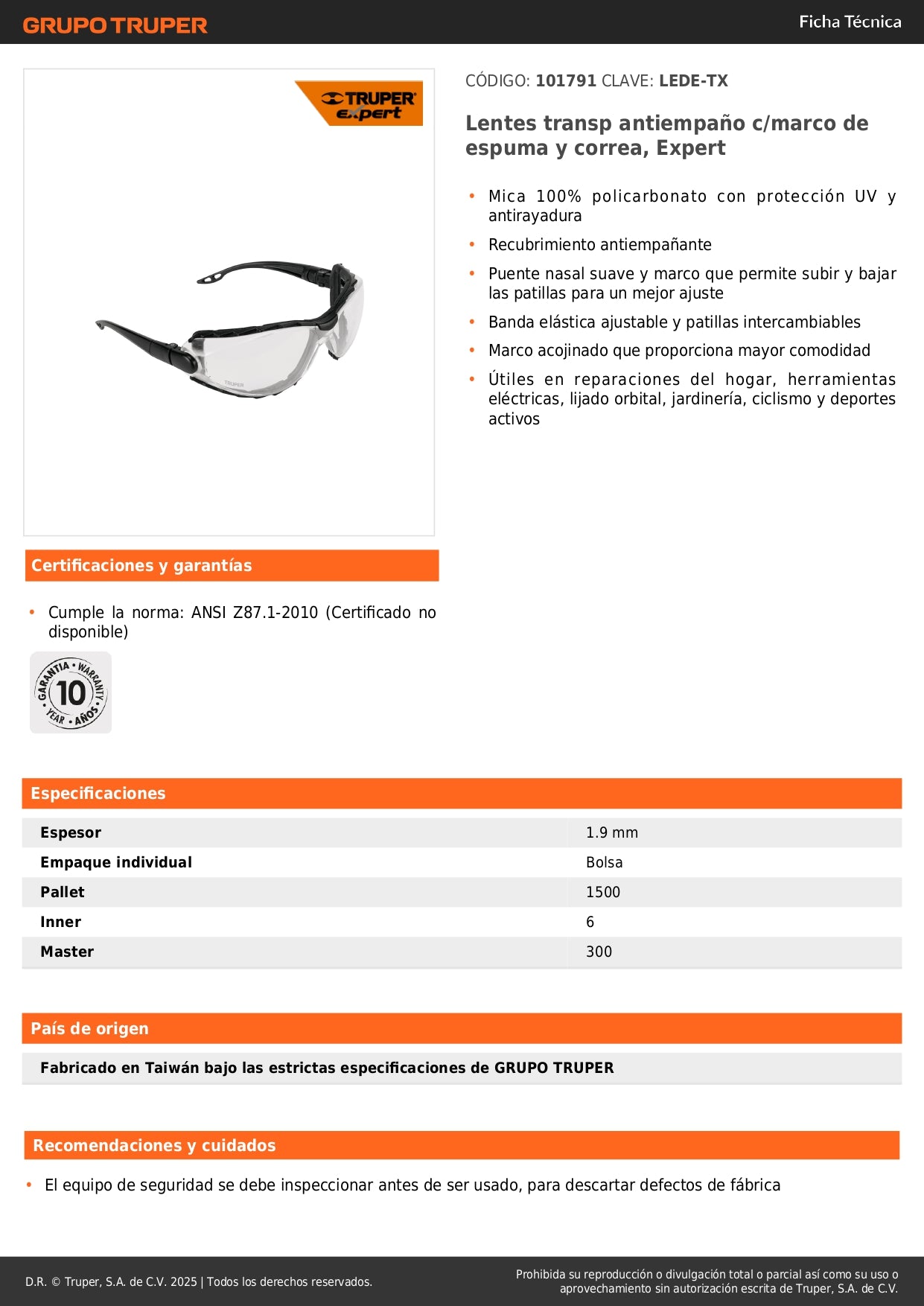 Lentes de Seguridad Antiempañantes Expert LEDE-TX - Protección UV Policarbonato con Marco Espuma y Correa Ajustable para Trabajo, Deportes y Hogar