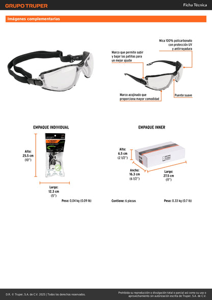 Lentes de Seguridad Antiempañantes Expert LEDE-TX - Protección UV Policarbonato con Marco Espuma y Correa Ajustable para Trabajo, Deportes y Hogar