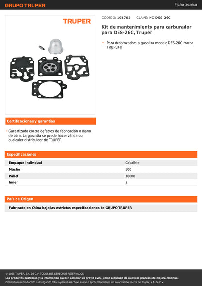 Kit de mantenimiento para carburador para DES-26C, Truper