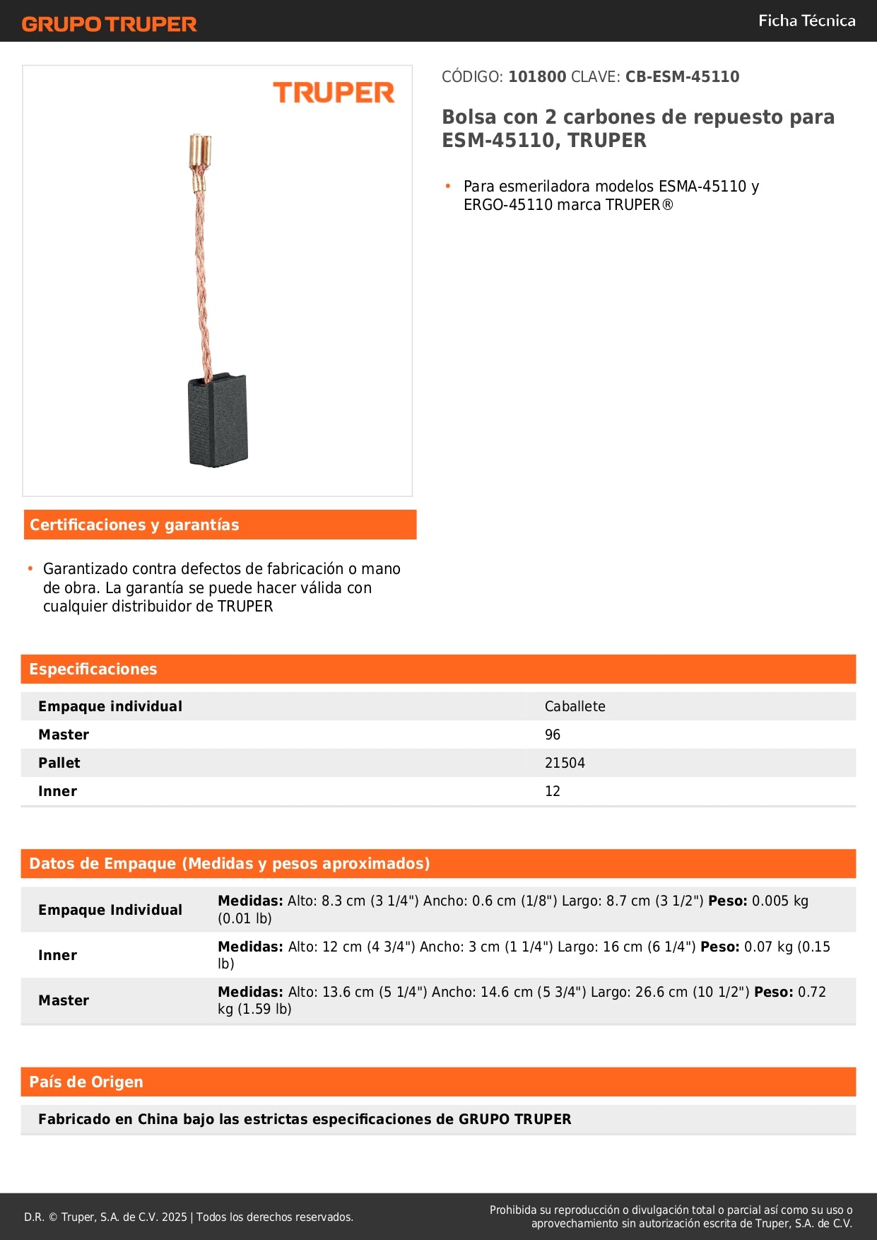 Bolsa con 2 carbones de repuesto para ESM-45110, TRUPER